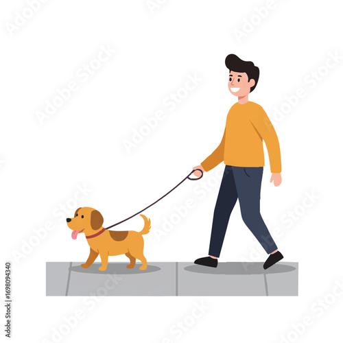 A happy cute dog on a leash is being walked by its smiling owner along a paved path, depicted in a vibrant 2D flat vector illustration with clean outlines and a white background.