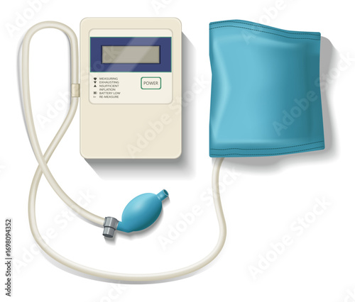 Digital sphygmomanometer. Automatic blood pressure monitoring, a modern home medical device. Diagnosis of hypertension and hypotension, pulse rate, and cardiovascular health prevention