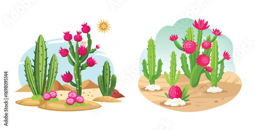 Dragon fruit cactus habitat featuring tall branch vector art set design illustration