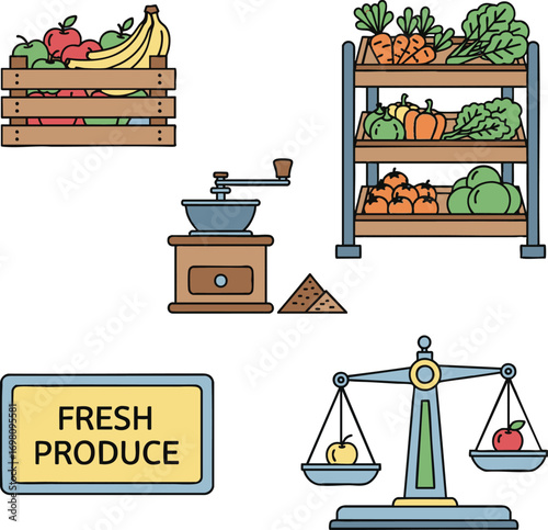 Fresh produce displayed at local farmers market with scales and grinder, showcasing healthy eating and sustainable lifestyle.