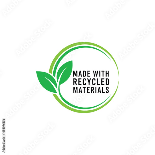 Green circle with leaves and made with recycled materials text on transparent background