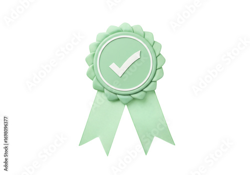 Green check mark award badge ribbon 3 d render