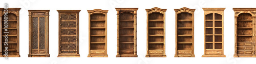 A row of antique-style wooden bookcases with arched tops and multiple shelves.  Each bookcase has a decorative arched top and visible shelves, some with glass panes