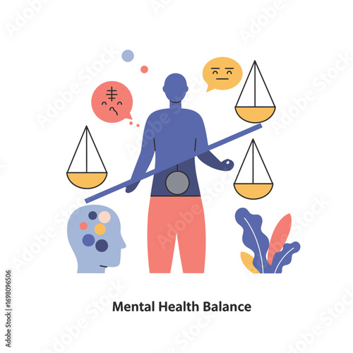 Modern flat vector illustration depicting a person holding scales, symbolizing the delicate balance of emotions for mental wellness