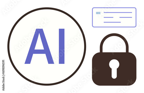 AI text inside a circle, secure padlock, and data block representation. Ideal for AI security, encryption, privacy, cybersecurity, data protection technology cyber risk. Simple flat metaphor