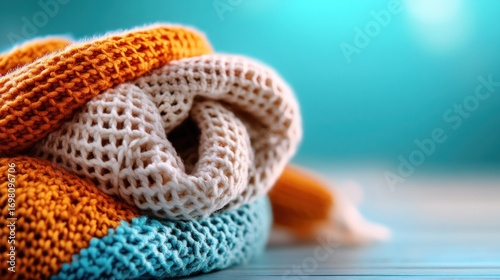 Soft, cozy knitted textile in orange, cream, and teal.  Folded on a blue surface