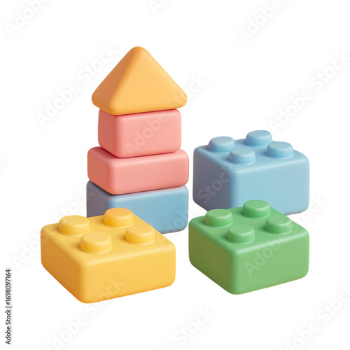 Colorful building blocks stacked and scattered isolated on transparent background
