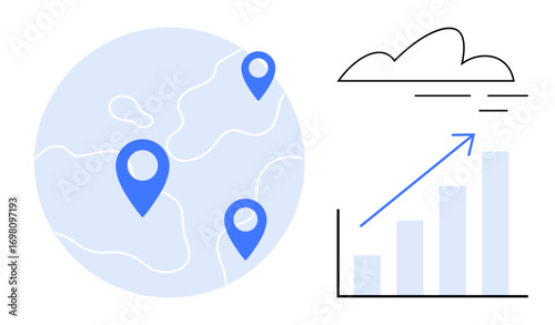 Blue map with location pins, upward arrow graph, and cloud element. Ideal for growth, analytics, business trends, global reach, data visualization strategy success metaphor. Simple flat metaphor