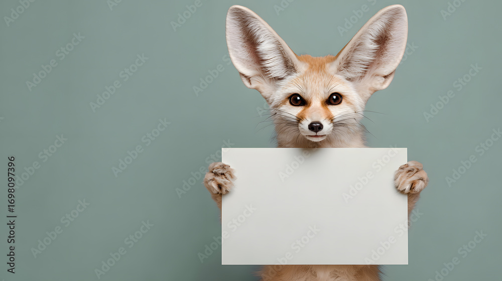 Obraz premium fennec fox holding blank sign green background