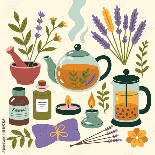 Aromatherapy and Herbal Remedies Collection with Lavender remedy teapot