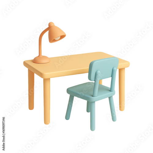 Cute cartoon desk and chair with lamp isolated on transparent background