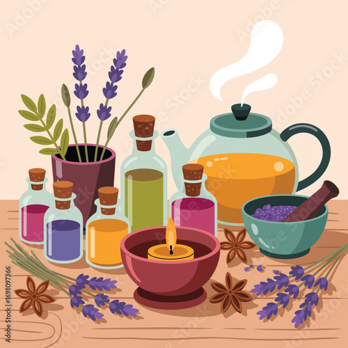 Aromatherapy and herbal tea ingredients with candle and teapot essential oil lavender