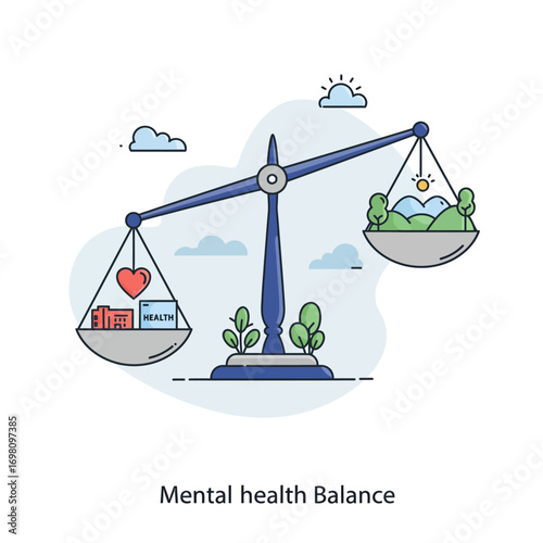 A conceptual illustration showing the delicate balance between mental wellbeing and physical health on a scale, symbolizing harmony and wellness
