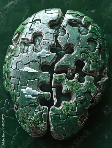 Green Puzzle Brain Illustration Symbolizing Nature and Complexity