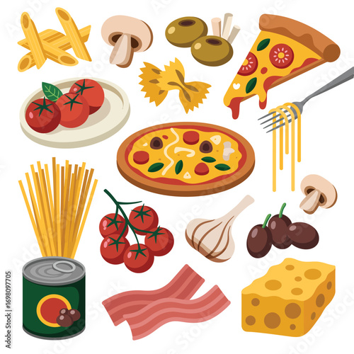 Assorted Italian Food Ingredients and Dishes Flat Illustration Keywords: pasta, spaghetti, penne