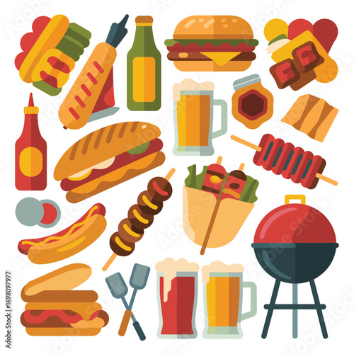Assortment of barbecue food and drinks with grill and utensils Keywords: barbecue, bbq, grill