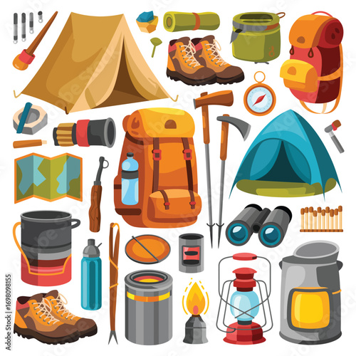 Assortment of camping and hiking gear arranged on white background Keywords: camping, hiking