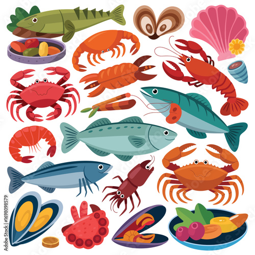 Assortment of colorful seafood illustrations including fish and crustaceans crab lobster