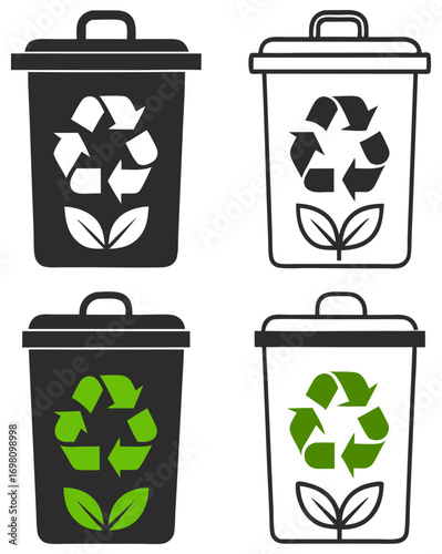 Set of environmental recycling bin vector icons with leaf and eco symbol in green and black styles for waste sorting