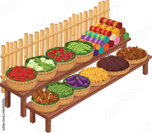 Colorful assortment of fresh produce displayed in woven baskets at a vibrant farmers market, showcasing the abundance of locally sourced ingredients with a rustic charm.