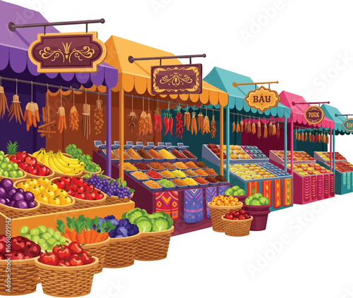 Colorful market stalls display fresh produce and spices in a vibrant outdoor bazaar, creating a lively and inviting atmosphere.