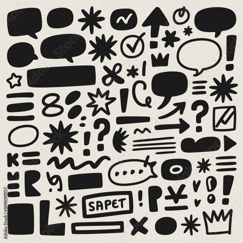 Assortment of hand-drawn black doodle icons and symbols on a light background Keywords: doodles