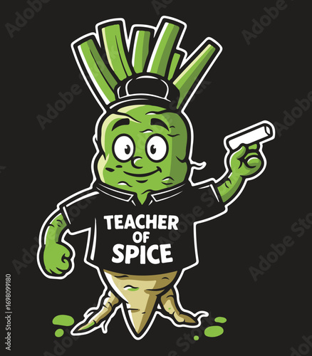 Teacher of Spice – Wasabi Mascot Teacher with Chalk, Funny Food Pun Vector on Black