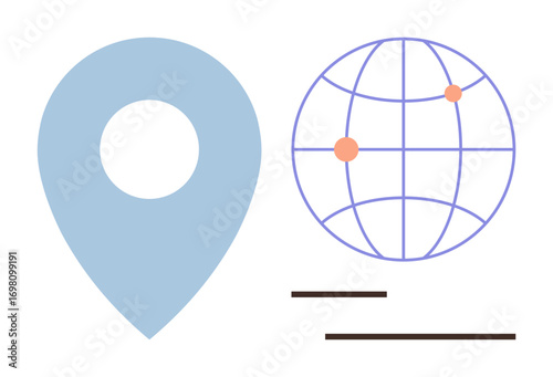 Large blue map pin next to a globe with marked points and lines. Ideal for navigation, travel, location services, global connectivity, geography, mapping tools, digital networks. A simple flat