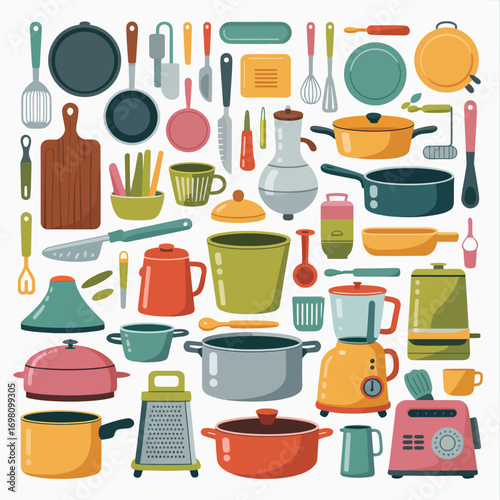 Assortment of kitchenware and cooking appliances in a flat design style Keywords: kitchen