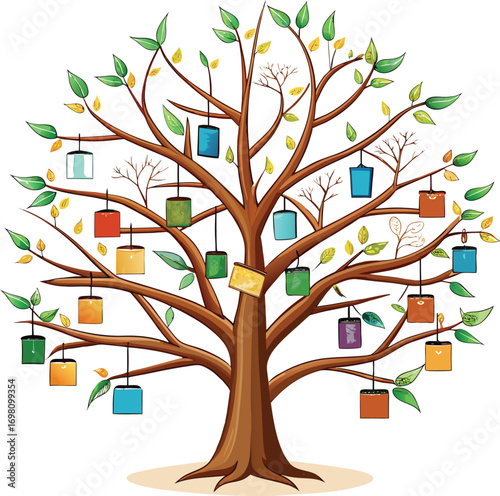 Christmas Genealogy Trees Colorful Tags Hanging Tree Illustration