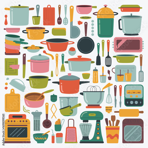 Assortment of kitchenware and cooking utensils in a flat design style Keywords: kitchen, cooking