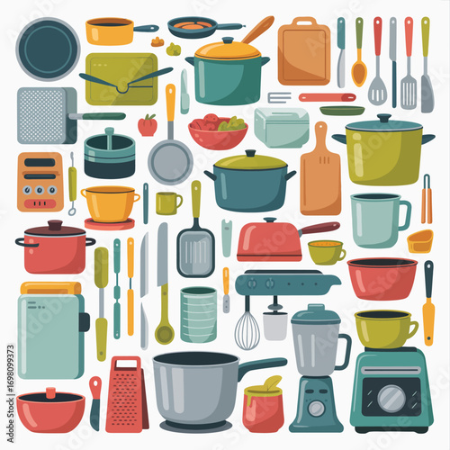 Assortment of kitchenware and cooking utensils in a colorful flat design Keywords: kitchenware