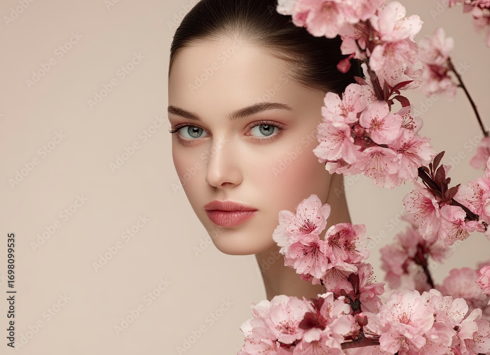 Fototapeta premium Beautiful woman with pink flowers on a beige background, a skin care concept.