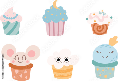 Cute cartoon cupcake clipart set. Birthday cupcake with cute faces and decorative elements. Vector illustration