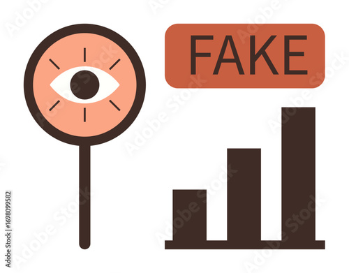 Eye symbol on stick and fake label beside a bar graph. Ideal for media literacy, truth assessment, data visualization, communication, information evaluation, detection, awareness. Simple flat