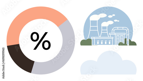 Circular chart with percentage, industrial plant emitting smoke, and cloud pollution. Ideal for environment, pollution, energy, industry, sustainability climate change clean air. Simple flat