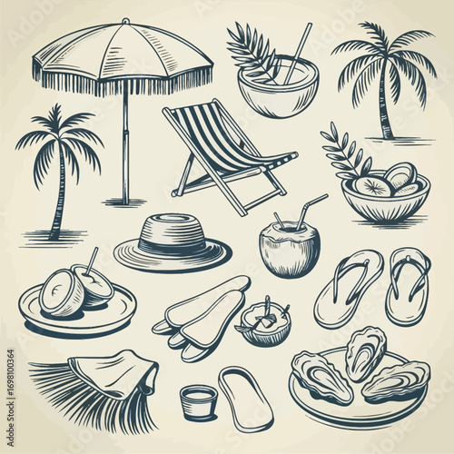 Assortment of tropical beach and vacation items in a hand-drawn style umbrella deck chair