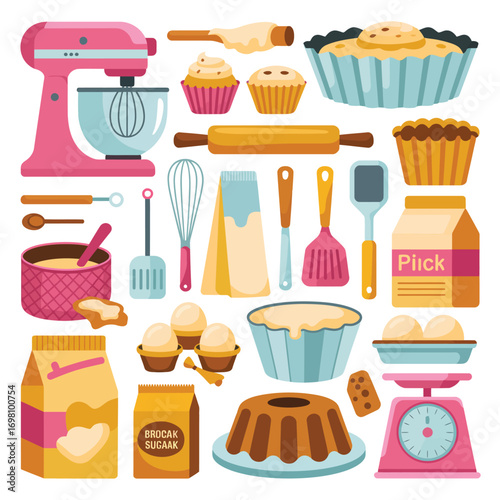 Baking and cooking equipment and ingredients flat design illustration Keywords: baking, cooking
