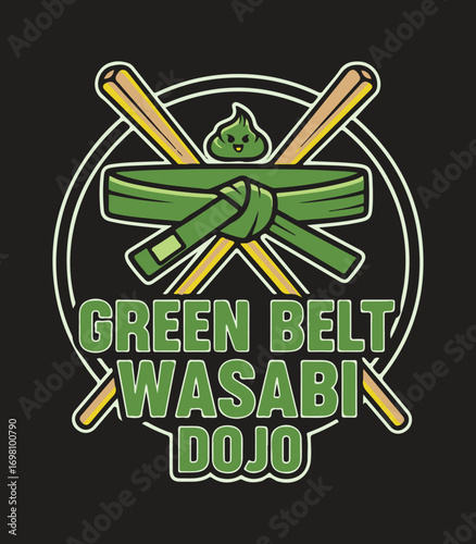 Green Belt Wasabi Dojo – Chopsticks and Belt, Cute Sushi Martial Arts Emblem on Black