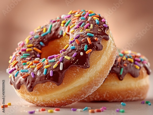 Two doughnuts with chocolate glaze and sprinkles, natural light food photography for bakery ads or social media
