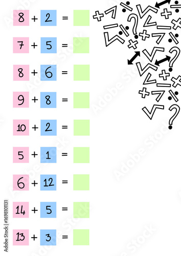 Simple addition math worksheet for kids with colorful squares and abstract symbols in the corner. Educational math activity with printable addition problems practice for children