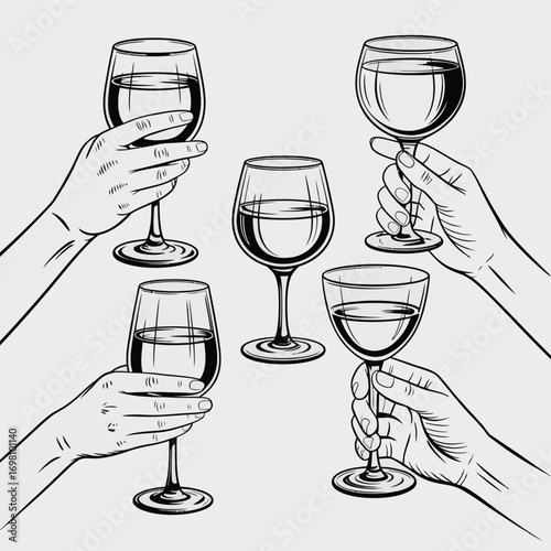 Black and white illustration of hands holding wine glasses for a toast celebration