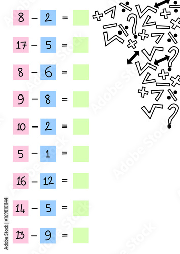 Simple subtraction math worksheet for kids with colorful squares and abstract symbols in the corner. Educational math activity with printable subtraction problems practice for children