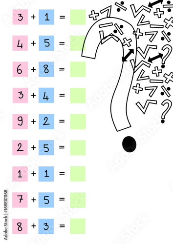 Simple addition math worksheet for kids with colorful squares and abstract symbols in the corner. Educational math activity with printable addition problems practice for children