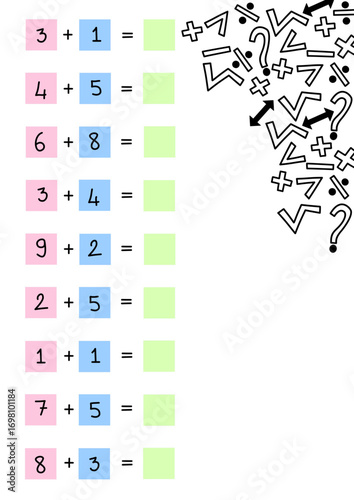 Simple addition math worksheet for kids with colorful squares and abstract symbols in the corner. Educational math activity with printable addition problems practice for children