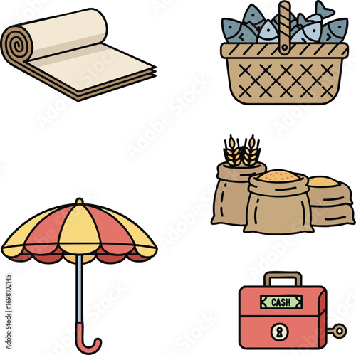 Various goods and items are displayed with a simple outline style, including fabric, fish, grain, an umbrella, and a cash box, evoking a sense of commerce and trade.