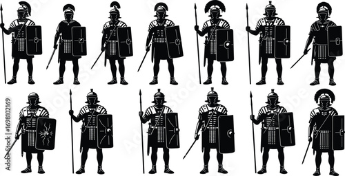 Roman soldier silhouette collection, ancient warrior illustration, legionary with spear, gladiator figure, historical soldier design, military armor vector, battle artwork
