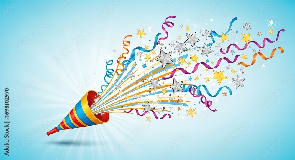 Fototapeta premium Exploding party popper unleashes vibrant streamers and glittering stars, celebrating joy and success