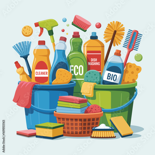 Cleaning Supplies And Tools In Buckets For Housekeeping Keywords: cleaning, supplies, tools