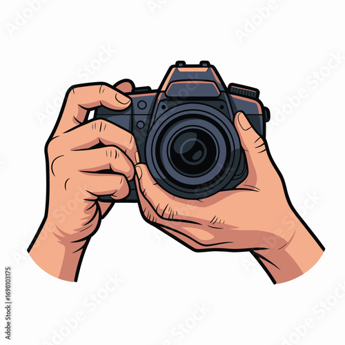 Close-up of hands holding a black DSLR camera with a large lens photography DSLR